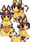  1girl :&lt; alternate_costume animal_crossing animal_ears animal_print ankha_(animal_crossing) ass bangs bikini black_eyes black_hair blonde_hair blunt_bangs blush breast_squeeze breasts cat_ears cat_girl cat_tail closed_mouth commentary_request cow_print egyptian fukurou_(owl222) furry highres horns large_breasts looking_at_viewer multicolored_hair multiple_views short_hair side-tie_bikini simple_background sweat swimsuit tail white_background 
