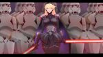  1girl absurdres am_(star_wars) amarenafallen blonde_hair boots breasts cape dual_wielding energy_sword highres holding letterboxed lightsaber long_hair medium_breasts pilot_suit purple_cape purple_eyes sith skin_tight solo star_wars star_wars_manga stormtrooper sword thigh_boots thigh_gap thighhighs thighs tiara trigger_(company) walking weapon 