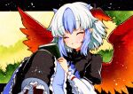  bangs bird_wings black_dress blue_hair dress head_wings highres horns long_sleeves multicolored_hair qqqrinkappp red_eyes red_wings short_hair silver_hair single_head_wing tokiko_(touhou) touhou traditional_media two-tone_hair white_hair wings 