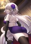  1girl ahoge ass back black_gloves black_legwear blurry blurry_background breasts choker dress elbow_gloves evening_gown fate/grand_order fate_(series) floating_hair flower from_below gloves hair_flower hair_ornament highres jeanne_d&#039;arc_(alter)_(fate) jeanne_d&#039;arc_(fate) large_breasts long_hair looking_at_viewer looking_back miko_(royal_milk) official_alternate_costume parted_lips purple_dress purple_flower purple_rose red_choker rose side_slit skindentation smile solo thighhighs very_long_hair white_hair yellow_eyes 