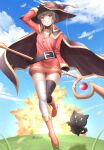  1girl absurdres bandaged_leg bandages belt belt_buckle blue_sky blush brown_footwear brown_hair buckle cape choker chomusuke cloud curved_horizon explosion fire hat highres holding holding_clothes holding_hat kono_subarashii_sekai_ni_shukufuku_wo! looking_at_viewer megumin red_eyes red_tunic single_thighhigh sky smile solo standing standing_on_one_leg thighhighs thighs tunic twitter_username witch_hat zildt 