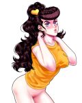  1girl blush bottomless covered_nipples genderswap genderswap_(mtf) higashikata_josuke jojo_no_kimyou_na_bouken naked_shirt no_jacket ponytail pout purple_eyes pussy shirt solo t-shirt tariah_furlow yellow_shirt 