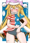  1girl american_flag_dress bandaid bandaid_on_leg black_buruma blonde_hair blush blush_stickers border buruma character_name closed_mouth clothes_lift clownpiece cowboy_shot dress dress_lift eyebrows_visible_through_hair fairy fairy_wings hair_between_eyes hat jester_cap lifted_by_self long_hair panties pink_eyes polka_dot_headwear purple_headwear short_sleeves solo speech_bubble star_(symbol) star_print striped striped_dress touhou underwear white_border white_panties wings zannen_na_hito 