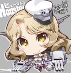  1girl black_skirt blonde_hair cannon character_name chibi corset detached_sleeves hat highres houston_(kancolle) kantai_collection kuroneko_(kuroneko_works) long_hair long_sleeves military military_uniform naval_uniform peaked_cap pencil_skirt rigging skirt smile solo tilted_headwear torpedo torpedo_tubes turret uniform white_headwear white_sleeves yellow_eyes 