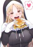 1girl absurdres bangs black_dress blonde_hair blush breasts brown_eyes burger commentary_request dress duplicate eating eyebrows_visible_through_hair food gloves habit heart highres holding holding_food large_breasts long_hair long_sleeves nijisanji nun open_mouth parted_bangs pixel-perfect_duplicate sakayama_shinta simple_background sister_cleaire solo speech_bubble spoken_heart upper_body virtual_youtuber white_background white_gloves zipper_pull_tab 