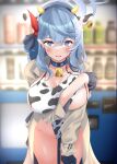  1girl ako_(blue_archive) animal_ears bangs beige_coat bell blue_archive blue_eyes blue_hair blush breasts cleavage coat coat_on_shoulders collarbone cow_ears cow_horns cowbell fake_animal_ears gloves hairband half_gloves halo highleg highleg_swimsuit highres horns large_breasts long_hair looking_at_viewer neck_bell one-piece_swimsuit open_mouth shirosuzu sideboob solo swimsuit thighs white_swimsuit 