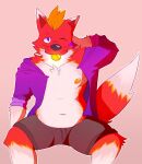  2021 anthro belly bottomwear canid canine chest_tuft clothed clothing digital_media_(artwork) facial_markings fleshformomo fox fur fyre_(fyrefirefox) hair hand_behind_head head_markings hi_res hoodie looking_at_viewer male mammal markings multicolored_ears navel nipples one_eye_closed open_clothing open_topwear orange_hair orange_nipples orange_tongue portrait purple_eyes red_body red_fur rolled_up_sleeves shorts simple_background smile solo three-quarter_portrait tongue tongue_out topwear tuft two_tone_ears two_tone_tail whisker_spots whiskers white_body white_ear_tips white_fur white_tail_tip wink 