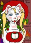  anthro blonde_hair bra canid canine canis cat_keyhole_bra cat_lingerie christmas christmas_clothing cleavage_cutout clothing female fireplace fur hair hamstersexmachine hi_res holidays keyhole_bra keyhole_clothing keyhole_underwear lingerie mammal open_mouth ribbons salaiva smile solo teeth_showing underwear white_body white_fur wolf 