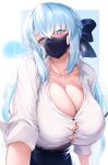  1girl blue_eyes blue_hair blush breasts cleavage collarbone eyebrows eyebrows_visible_through_hair fate/grand_order fate_(series) heart highres hirasawa_seiji huge_breasts leaning_forward looking_at_viewer mask morgan_le_fay_(fate) mouth_mask office_lady sleeves_rolled_up steam steaming_body sweat sweatdrop tied_hair undersized_clothes upper_body 