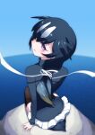  1girl 9735aoitora :d bird_girl bird_tail black_hair black_sweater blush commentary_request empty_eyes eyebrows_visible_through_hair from_behind great_auk_(kemono_friends) hair_ornament hair_tie highres kemono_friends long_hair long_sleeves looking_at_viewer miniskirt multicolored_hair ocean open_mouth penguin_tail pleated_skirt purple_eyes sitting skirt smile solo spotted_hair sweater tail thighhighs turtleneck white_hair white_skirt 