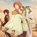  1girl 2boys :d bad_id bad_pixiv_id bangs bird black_gloves black_hair blue_sky carrying cleric cloak closed_mouth cloud collarbone desert dress ear_piercing expressionless eyebrows_behind_hair fingerless_gloves fire_emblem fire_emblem:_thracia_776 frown full_body gloves green_eyes green_hair harusame_(rueken) holding holding_person holding_staff holding_sword holding_weapon hood hooded_cloak jpeg_artifacts lifis long_sleeves looking_at_another looking_back medium_hair multiple_boys one_eye_closed open_mouth orange_hair outdoors pants piercing princess_carry purple_pants red_gloves safi_(fire_emblem) sandals scabbard sheath sheathed shiva_(fire_emblem) short_hair sky smile staff standing sweatdrop sword talking teeth upper_teeth weapon white_cloak 