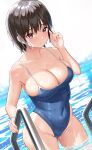  1girl ass_visible_through_thighs bangs blue_swimsuit blush breasts brown_hair cleavage collarbone cover dutch_angle eyebrows_visible_through_hair highres impossible_clothes impossible_swimsuit large_breasts one-piece_swimsuit original parted_lips partially_submerged pink_eyes pool short_hair solo standing swimsuit taniguchi_daisuke_(surumenium) water 