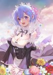  1girl :d bangs bare_shoulders black_dress black_ribbon blue_eyes blue_hair blush breasts cleavage commentary_request detached_sleeves dress flower frills hair_ornament hair_over_one_eye hair_ribbon haitu highres juliet_sleeves large_breasts long_sleeves looking_at_viewer maid maid_headdress medium_breasts open_mouth outdoors own_hands_together petals pink_ribbon puffy_sleeves re:zero_kara_hajimeru_isekai_seikatsu rem_(re:zero) revision ribbon roswaal_mansion_maid_uniform shiny short_hair smile solo white_flower x_hair_ornament yellow_flower 
