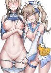  2girls ass_visible_through_thighs bag barbara_(genshin_impact) barbara_(summertime_sparkle)_(genshin_impact) bare_shoulders bird blonde_hair blue_eyes blush breasts bungyeo_(wkddnjs1324) censored choker clothes_pull cowboy_shot duck faceless faceless_female flower genshin_impact hair_flower hair_ornament hat highres jean_(genshin_impact) large_breasts long_sleeves looking_at_viewer medium_breasts multiple_girls navel nipples panties panty_pull pointless_censoring ponytail pussy sailor_hat shorts shorts_pull siblings simple_background sisters smile swimsuit thighlet twintails underwear white_background white_panties white_shorts 