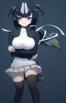  1girl 9735aoitora bird_girl bird_tail black_hair black_sweater blush breast_suppress breasts commentary_request empty_eyes eyebrows_visible_through_hair great_auk_(kemono_friends) hair_between_eyes hair_ornament hair_tie hands_on_own_chest highres kemono_friends long_hair long_sleeves looking_at_viewer miniskirt multicolored_hair open_mouth pleated_skirt purple_eyes simple_background skirt solo spotted_hair sweater tail thighhighs two-tone_hair two-tone_sweater white_hair white_sweater 