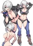  1girl absurdres angel_(kof) ass boots breasts cleavage cowboy_boots enpe gloves hair_over_one_eye highres jacket large_breasts multiple_views open_mouth panties the_king_of_fighters underwear white_background white_hair 