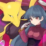  1girl alakazam bangs black_eyes black_hair blackspade breasts closed_mouth commentary_request gloves hand_up jacket long_hair long_sleeves pokemon pokemon_(creature) pokemon_(game) pokemon_frlg red_background red_eyes red_jacket sabrina_(pokemon) sash spoon turtleneck turtleneck_jacket white_gloves 