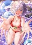  1girl :d absurdres ayakase_hotaru ball beachball bikini black_footwear blue_eyes breasts cleavage eyebrows_visible_through_hair hair_ornament hair_over_one_eye hairclip hamakaze_(kancolle) highres innertube jewelry kantai_collection kneeling large_breasts looking_at_viewer navel necklace outstretched_arms partially_submerged red_bikini shoes shoes_removed short_hair signature silver_hair smile swimsuit water 