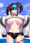  1girl badge bare_shoulders bikini black_hair black_shorts blue_hair blue_sky blush breasts button_badge cleavage fate/grand_order fate_(series) headphones headphones_around_neck highres jacket kurosawa_rui_(hjkl42332) large_breasts long_hair long_sleeves looking_at_viewer multicolored_hair navel ocean off_shoulder open_clothes open_jacket red_hair sei_shounagon_(fate) sei_shounagon_(swimsuit_berserker)_(fate) short_shorts shorts sidelocks sky smile solo swimsuit thigh_strap thighs twintails white_bikini white_jacket yellow_eyes 
