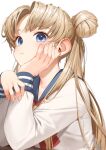  1girl bangs bishoujo_senshi_sailor_moon blonde_hair blue_eyes desk hair_bun head_on_hand head_rest highres long_hair long_sleeves neckerchief parted_bangs parted_lips red_neckwear ryota_(ry_o_ta) sailor_collar school_desk school_uniform shirt signal_flag simple_background solo tsukino_usagi twintails white_background white_shirt 