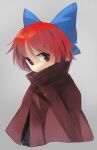  1girl bangs black_shirt blue_bow bow cape commentary_request cropped_torso eyebrows_visible_through_hair grey_background hair_bow high_collar looking_at_viewer red_cape red_eyes red_hair sekibanki shirt short_hair simple_background solo suna_(s73d) touhou upper_body 