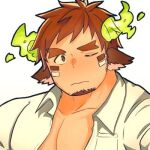  &gt;_o 1boy :s animal_ears avatar_icon bara brown_eyes brown_hair cow_boy cow_ears cow_horns facial_hair fiery_horns flustered forked_eyebrows garugaru_wolf03 glowing_horns goatee horns lowres male_focus muscular muscular_male one_eye_closed open_clothes open_shirt pectoral_cleavage pectorals short_hair sideburns solo thick_eyebrows tokyo_afterschool_summoners upper_body wakan_tanka 