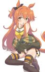  1girl animal_ears black_bow blush bow brown_legwear dog_tags dot_nose ear_bow green_jacket hair_bow highres horse_ears horse_tail jacket long_hair looking_at_viewer mayano_top_gun_(umamusume) open_mouth orange_eyes orange_hair parted_lips simple_background sincos sitting solo tail tank_top thighhighs two_side_up umamusume white_background 