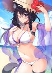  1girl animal_ear_fluff animal_ears arm_up armpits ashara_(vtuber) bare_shoulders beach bikini black_choker black_hair blue_eyes blue_sky blush braid breasts cat_ears cat_girl cat_tail choker cleavage closed_mouth cloud collarbone commission cowboy_shot day detached_sleeves diamond_(gemstone) eyebrows_visible_through_hair flower glasses halterneck hand_on_headwear hat hibiscus highres indie_virtual_youtuber kinsenka_momi large_breasts looking_at_viewer navel ocean one_eye_closed outdoors pendant_choker sand see-through_sleeves skeb_commission sky solo stomach straw_hat string_bikini swimsuit tail thigh_strap thighs virtual_youtuber water white_bikini wide_sleeves 