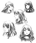  1girl bangs closed_mouth commentary_request cropped_torso expressions eyebrows_visible_through_hair greyscale jewelry long_hair looking_at_viewer looking_away monochrome multiple_views necklace open_mouth parted_lips portrait profile shirt shoujo_kageki_revue_starlight simple_background sketch souda_sawa_(revue_starlight) swept_bangs tareko wavy_hair white_background 