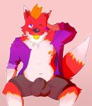  2021 anthro balls belly big_balls big_penis bottomwear bulge canid canine chest_tuft clothed clothing detailed_bulge digital_media_(artwork) facial_markings fleshformomo fox fur fyre_(fyrefirefox) genitals hair hand_behind_head head_markings hi_res hoodie looking_at_viewer male mammal markings multicolored_ears navel nipples one_eye_closed open_clothing open_topwear orange_hair orange_nipples orange_tongue penis portrait purple_eyes red_body red_fur rolled_up_sleeves shorts simple_background smile solo three-quarter_portrait tongue tongue_out topwear tuft two_tone_ears two_tone_tail whisker_spots whiskers white_body white_ear_tips white_fur white_tail_tip wink 