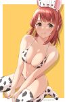  1girl absurdres animal_ears animal_print bangs bikini blunt_bangs braid braided_bun breasts cleavage commentary_request cow_ears cow_horns cow_print cow_tail fake_animal_ears fake_horns hair_ornament hairpin half_updo highres horns love_live! love_live!_nijigasaki_high_school_idol_club medium_breasts medium_hair orange_hair side_bun sitting solo swept_bangs swimsuit tail tenpa_(tenpa2190) thighhighs tongue tongue_out uehara_ayumu wariza white_bikini white_legwear yellow_eyes 