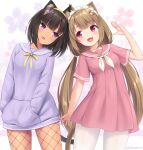  2girls :d animal_ears bangs black_hair brown_hair cat_ears cat_girl cat_tail cowboy_shot dress egyptian_cat_(sasaame) eyebrows_visible_through_hair fang fishnet_legwear fishnets floral_background food-themed_hair_ornament hair_ornament hands_in_pockets heads_together ice_cream_hair_ornament long_hair long_sleeves medium_hair multiple_girls neckerchief original pantyhose pink_dress purple_eyes red_eyes sasaame short_sleeves skin_fang smile tail torte_(sasaame) twintails very_long_hair white_legwear white_neckerchief 