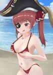  1girl 5 :q bangs bare_shoulders beach bicorne bikini black_eyepatch black_headwear blue_sky blush breast_hold breasts cleavage cloud cloudy_sky day eyepatch gold_trim hair_ribbon hat heart heart_necklace highres hololive houshou_marine jewelry large_breasts long_hair looking_at_viewer navel ocean pirate red_bikini red_eyes red_hair red_ribbon ribbon sand sky smile solo string_bikini sunlight swimsuit thighs tongue tongue_out twintails virtual_youtuber water 