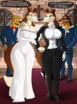  anthro bird_dog black_tie_(suit) blitz_(road_rovers) bow_tie breasts canid canine canis cleavage clothed clothing colleen collie dialogue digit_ring dobermann domestic_dog dress el-loko female footwear golden_retriever group hand_on_arm herding_dog hi_res hunter_(road_rovers) hunting_dog jewelry male mammal nipple_outline pastoral_dog pinscher retriever ring rough_collie sheepdog shoes smile square_crossover suit twinning wedding wedding_dress wedding_ring wide_hips 