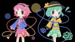  2girls black_eyes black_headwear blush bow closed_mouth cobalta eyebrows_visible_through_hair green_hair green_skirt hat hat_bow hat_ribbon komeiji_koishi komeiji_satori looking_away multiple_girls parted_lips pink_hair pink_skirt ribbon short_hair siblings sisters skirt smile third_eye touhou yellow_bow yellow_ribbon 