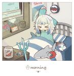  &gt;_&lt; 1girl :3 arm_up bag bangs bed bloop_(gawr_gura) blue_hair blunt_bangs chibi closed_eyes commentary_request english_text hair_down hair_ornament_removed hololive hololive_english jar long_sleeves messy_hair multicolored_hair on_bed pajamas photo_(object) pillow plant polearm potted_plant same_anko shrimp siting smile solo streaked_hair stretch stuffed_animal stuffed_shark stuffed_toy trembling trident two-tone_hair virtual_youtuber waking_up weapon white_hair x3 