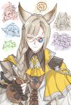  1boy anger_vein animal_ears ascot asymmetrical_bangs bangs black_gloves black_shirt braid braided_ponytail capelet cat chibi chibi_inset collared_shirt commentary_request ewiyar_(granblue_fantasy) fediel_(granblue_fantasy) fingerless_gloves frown galleon_(granblue_fantasy) glasses gloves granblue_fantasy grey_hair jacket lu_woh_(granblue_fantasy) pocket_watch rishiya shirt side_ponytail solo_focus spoken_anger_vein upper_body v-shaped_eyebrows vest wamdus_(granblue_fantasy) watch white_jacket wilnas_(granblue_fantasy) yellow_ascot yellow_eyes 