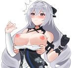  1girl aircell bare_shoulders black_gloves black_hair blush breasts bronya_zaychik bronya_zaychik_(silver_wing) closed_mouth clothes_pull disembodied_limb dress_pull eyebrows_visible_through_hair gloves hair_between_eyes highres honkai_(series) honkai_impact_3rd large_breasts long_hair nipples pulled_by_another silver_hair simple_background single_glove solo_focus upper_body white_background 