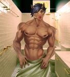  anthro bathroom equid equine green_eyes green_towel hi_res horse male mammal muscular muscular_anthro muscular_male nipples pony rerepop solo tida tongue tongue_out towel 