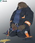  2021 anthro belly blush bodily_fluids bottomwear brown_body censored clothing firefighter genital_fluids genitals hi_res humanoid_genitalia humanoid_hands humanoid_penis kemono kumao male mammal overweight overweight_male pants peeing penis shirt simple_background solo topwear urine ursid 