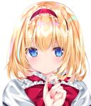  1girl alice_margatroid bangs blonde_hair blue_eyes capelet closed_mouth eyebrows_visible_through_hair hairband lolita_hairband looking_at_viewer nanase_nao red_hairband red_nails short_hair simple_background solo touhou upper_body white_background white_capelet 