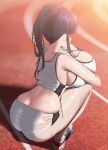  1girl absurdres ass back bangs bare_arms bare_legs black_hair blurry blurry_background breasts butt_crack cleavage commentary from_behind highres huge_breasts long_hair nicorima original ponytail shoes shoulder_blades sideboob sidelocks sneakers socks solo squatting sweat thighs track_and_field track_uniform white_footwear white_legwear 