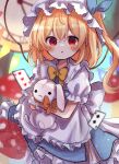  1girl absurdres alice_(alice_in_wonderland) alice_(alice_in_wonderland)_(cosplay) alice_in_wonderland apron bangs blonde_hair blurry blurry_background bow bowtie card clock cosplay crystal dorowa_(drawerslove) eyebrows_visible_through_hair flandre_scarlet frills hat highres holding holding_stuffed_toy looking_at_viewer mob_cap one_side_up open_mouth playing_card red_eyes short_hair short_sleeves solo stuffed_animal stuffed_bunny stuffed_toy touhou waist_apron white_apron white_headwear wings yellow_bow yellow_bowtie 