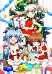  3girls :d absurdres alternate_hairstyle aqua_eyes arm_ribbon armband back_bow bangs bare_shoulders bell black_choker black_hair black_legwear black_ribbon blue_eyes blue_hair blue_panties blush bow brown_hair capelet choker christmas christmas_ornaments christmas_tree closed_mouth commentary_request crotch_seam dearche_kings_claudia dress eyebrows_visible_through_hair fang fish fur-trimmed_capelet fur-trimmed_dress fur_trim garland_(decoration) gift hair_bell hair_bobbles hair_ornament hair_ribbon hair_up halter_dress halterneck heart heart_print highres holding holding_gift indoors jewelry jewelry_removed large_bow leaning_forward levi_russel long_hair looking_at_viewer low_twintails lyrical_nanoha mahou_shoujo_lyrical_nanoha_innocent miyajima_hitoshi multicolored_hair multiple_girls neck_bell necklace necklace_removed on_floor open_mouth panties pantyshot pink_panties ponytail purple_eyes red_bow red_capelet red_dress revision ribbon santa_dress short_dress short_hair sidelocks silver_hair sitting smile snowflake_print sparkle spread_legs standing star_ornament stern_starks strapless strapless_dress striped striped_legwear thighhighs twintails two-tone_hair underwear wariza white_legwear wrist_cuffs x_hair_ornament 