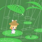  1girl blonde_hair brown_eyes brown_headwear cobalta flat_color frog hat leaf lily_pad long_sleeves looking_away moriya_suwako pyonta rain short_hair solo squatting touhou water_drop 