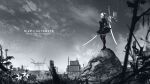  1girl anniversary anonamos black_dress black_legwear copyright_name dress floating floating_object floating_sword floating_weapon flower full_body greyscale highres holding holding_sword holding_weapon long_sleeves looking_away monochrome nier_(series) nier_automata pod_(nier_automata) robot ruins short_hair sky spot_color standing sword thighhighs weapon white_hair yorha_no._2_type_b 