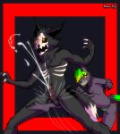  acid_wolf anthro athletic athletic_male ballbusting balls black_body bodily_fluids bone breasts cadaver_(skulldog) canid canine canis claws cock_and_ball_torture cum cumshot demon duo ejaculation female fluffy fluffy_tail fur genital_fluids genital_torture genitals glowing glowing_eyes green_eyes green_hair green_pussy hair hi_res humanoid_genitalia humanoid_penis kick kicking_balls kimero_kat male male/female mammal nude open_mouth orgasm pain penis pussy simple_background skull skull_head skulldog_(species) smile wolf yellow_eyes 
