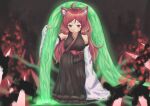  1girl :3 blush bow breasts closed_mouth collarbone detached_sleeves eyebrows_visible_through_hair highres kemurikusa large_breasts long_hair long_sleeves looking_at_viewer neukkom red_bow red_hair ritsu_(kemurikusa) smile solo wavy_hair 