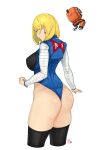  1girl absurdres android_18 ass black_shirt blonde_hair blue_eyes breasts clenched_hand commentary cosplay cropped_legs denim dragon_ball dragon_ball_z earrings english_commentary from_side highres jewelry kuririn large_breasts pod_(nier_automata) pod_(nier_automata)_(cosplay) profile shirt simple_background striped_sleeves thighhighs thighs white_background white_legwear white_sleeves yorha_no._2_type_b yorha_no._2_type_b_(cosplay) zcune 
