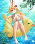  1girl :3 absurdres alternate_costume animal_ears barefoot bikini blush breasts cleavage collarbone cup drinking_glass drinking_straw eyebrows_visible_through_hair fangs flower hair_flower hair_ornament highres holding holding_cup innertube kemono_friends knees_up large_breasts lips looking_at_viewer lying neukkom on_back open_mouth orange_eyes orange_hair serval_(kemono_friends) serval_print short_hair smile solo swimsuit tail water white_bikini 